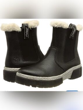 Rieker Black Ankle Boots with Cream Fur Trim